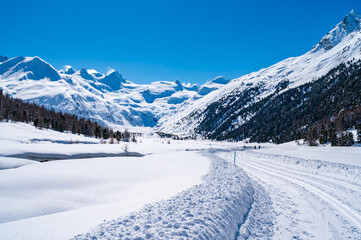 Fototapeta na wymiar Val Roseg, in Engadine, Switzerland, in winter, with snow-covered cross-country ski slopes.