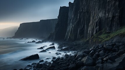 Dramatic and moody coastal cliffs at dusk