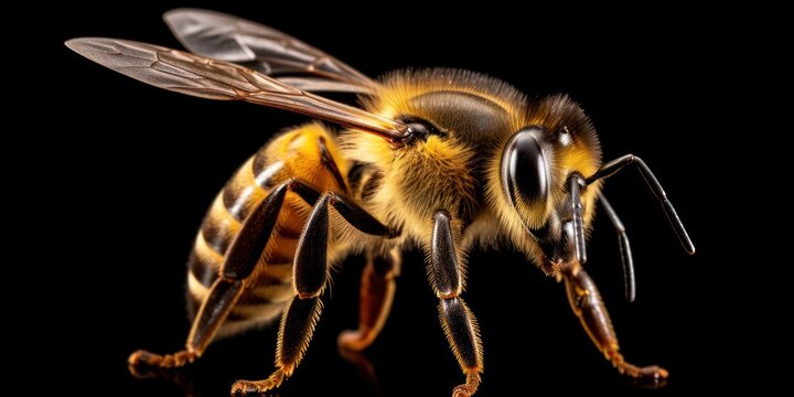 Close Up of a Bee on a Black Background Generative AI