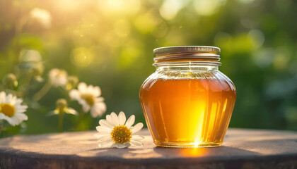 Glass jar of honey and spring flowers. Organic and sweet product. Morning sun light in garden.