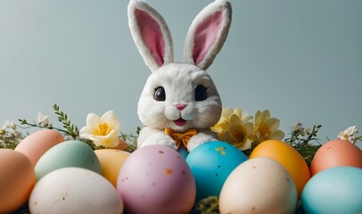 A plush Easter bunny with a bow tie, surrounded by pastel eggs and spring flowers, exudes holiday cheer.