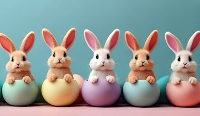Obraz premium Cute cartoon Easter bunnies sitting atop vibrant Easter eggs against a soft pastel background, representing the joy of Easter.