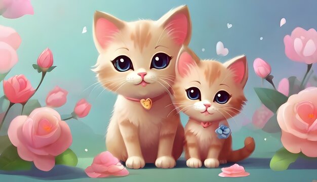 Adorable illustrated kittens with pink roses. Mother and a child.