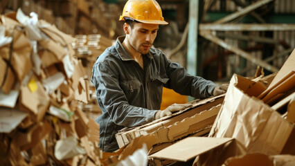 Naklejka na ściany i meble Worker responsibly sorts cardboard at a recycling facility, hard at work.