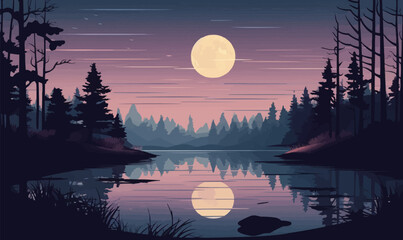 full moon lake vector flat minimalistic isolated illustration