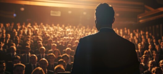 A man in business attire stands on stage, facing an audience of hundreds with his back to the camera. He is giving a speech or presentation about something important Generative AI - obrazy, fototapety, plakaty