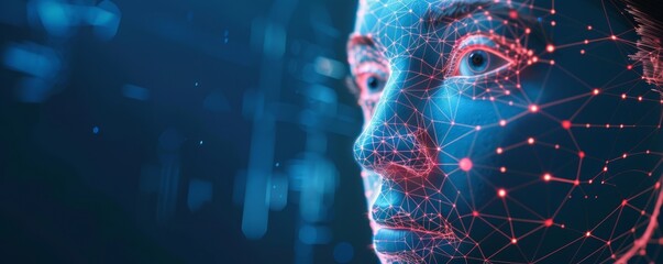 Digital of a woman's face with futuristic face technology, identity scanning, symbolizing futuristic concepts and biometrics.