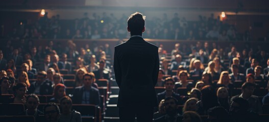 A man in business attire stands on stage facing an audience of many people who have come to listen and learn from him Generative AI