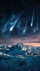 night landscape with mountains and meteor shower