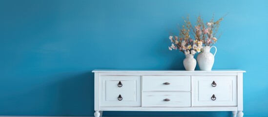 White dresser on blue background for various indoor settings. 