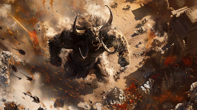 A minotaur charging through a warzone