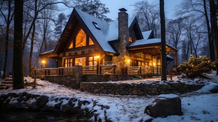 Rustic pension featuring a warm fireplace for a cozy retreat in the woods