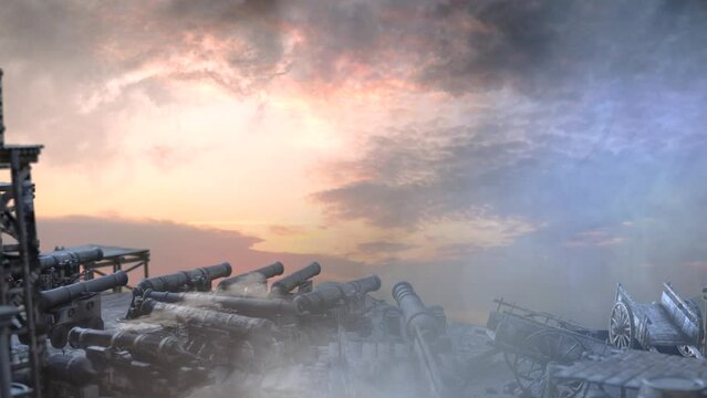 background of the battlefield of the Napoleonic army of the 18th century with cannons on sunset