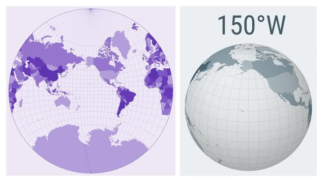 World Map Animation. Lagrange conformal projection. Colored countries style. Animated world map in Lagrange projection. Loopable animation showing longitude shift and matching globe.