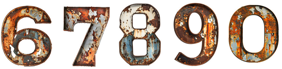 Old Rusty Metal Number 6, 7, 8, 9, 0  Isolated on transparent background cutout - Generative AI	