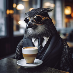 Fototapeta premium A anthropomorphic of a black raven hipster in glasses and a suit drinks coffee in a cafe