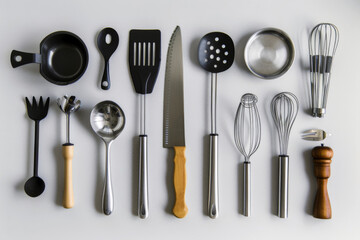 Top view of various utensils on table background in kitchen room, equipment for cooking food and drinks.