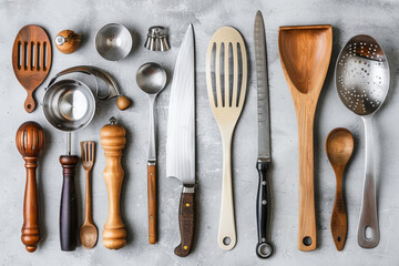 Top view of various utensils on table background in kitchen room, equipment for cooking food and drinks.