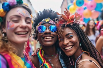 happy multiracial friends, gays and transexual people, having fun during lgbt party on the streets - obrazy, fototapety, plakaty