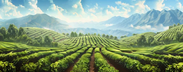 Deurstickers An artwork depicting a tea plantation under the daytime sun, framed by distant mist-covered mountains. © Pillow Productions