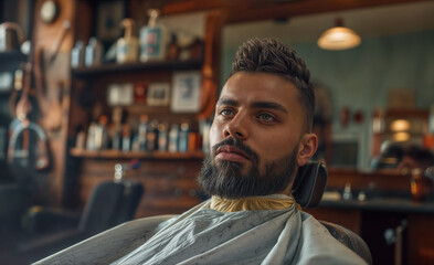 A handsome male with a beard in the hairdresser barbershop salon gets a new haircut sitting on the chair and looking