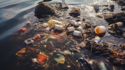 A closeup of polluted water with visible oil sheens, floating debris, and trash