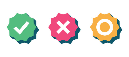 Set of star shapes with symbols, tick, cross, zero. Elements for information graphics, web design.