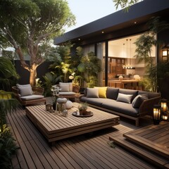 Beautiful view of garden furniture evening terrace with candles, wine and lights. 