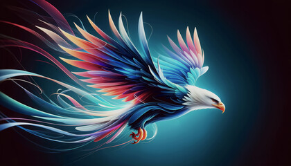 An eagle in flight depicted with vibrant, colourful feathers, embodying freedom and grace. - obrazy, fototapety, plakaty