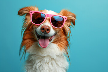 Closeup portrait of cute funny dog in fashion sunglasses on bright blue background. Border collie ready for summer vacation or holiday. Fashion, style, cool pet concept with copy space	