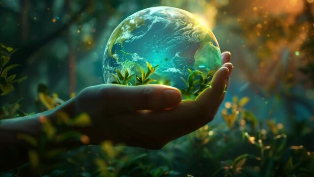 A hand holding a globe with green leaves surrounding it. Concept of protecting the environment and the importance of taking care of the planet
