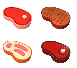 cartoon steaks of varying degrees of readiness on a white background 3d rendering