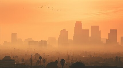 A polluted urban skyline with a hazy smog layer