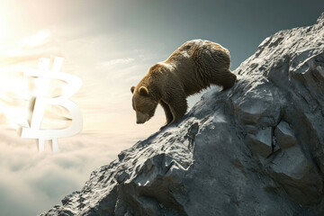 Majestic bear standing on mountain peak with distant bitcoin symbol in background, symbolizing strength and digital currency