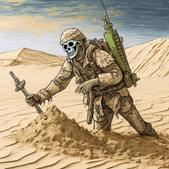 사막에서 깃발 땅따먹기 준비하는 해골 (Skull Preparing to Tuck Flags in the Desert) - obrazy, fototapety, plakaty