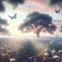 들판에 나비와 나무