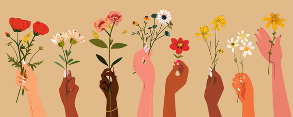 Set of female hands holding beautiful flowers. Different skin colored elegant woman hands isolated. Happy international women's day. Girl power. Feminism. Modern vector illustration in flat style - obrazy, fototapety, plakaty