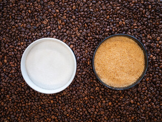 Sweeten your coffee to your liking. Sugar suppresses the taste of coffee the least, while cane sugar, on the other hand, contains healthy minerals. - obrazy, fototapety, plakaty