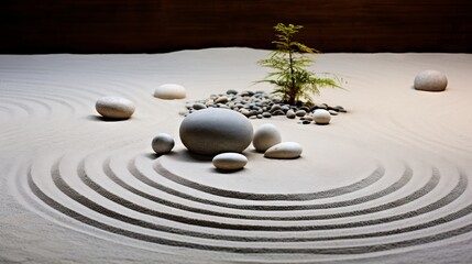 A zen garden with rocks and sand arranged in a harmonious design