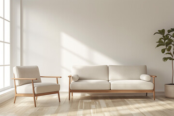 Living room in Scandinavian style. Sofa and armchair in light colors. Minimalist modern interior design