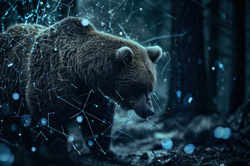 Obraz premium Majestic bear in a dark forest surrounded by glowing lights on the ground, creating a magical atmosphere