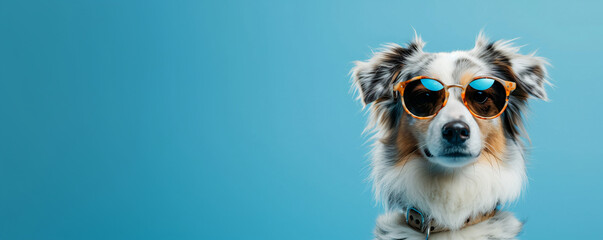 Closeup portrait of cute funny dog in fashion sunglasses on bright blue background. Border collie ready for summer vacation or holiday. Fashion, style, cool pet concept with copy space	