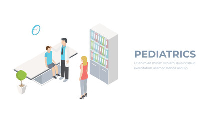 Hospital pediatrics with children isometric 3d vector illustration concept for banner, website, illustration, landing page, flyer.