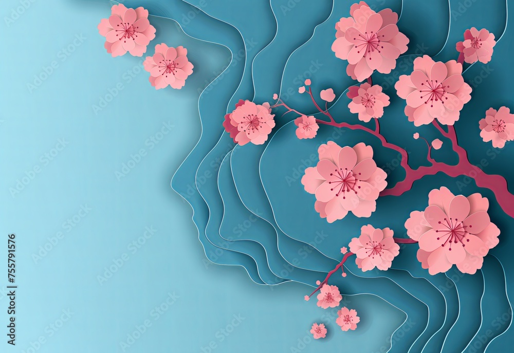 Canvas Prints 3D Paper Cut Cherry Blossoms on Blue Background for Spring and Nature-Themed Designs