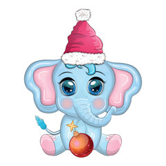 Cute cartoon elephant, childish character with beautiful eyes wearing santa hat, scarf, holding gift, christmas ball