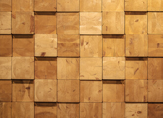 Stacked wooden background. Brown plank wall panel for design. Rough edge wood grain.