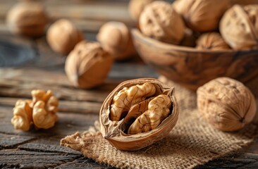 Walnuts on Wooden Surface for Healthy Snacks and Cooking Ingredients - obrazy, fototapety, plakaty
