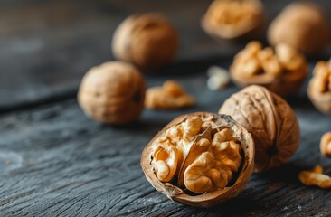 Textured Walnuts on Wooden Surface for Healthy Snacks and Cooking Ingredients - obrazy, fototapety, plakaty