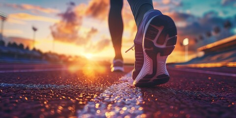 Close-up on a Runner's Shoes at Dusk on a Track Field with Dramatic Sunset Lighting - obrazy, fototapety, plakaty