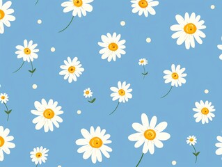 Fresh White Daisies on Sky Blue Background Seamless Floral Pattern
